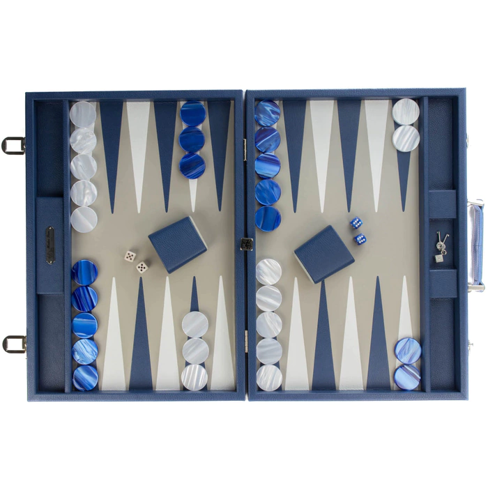 Exclusive backgammon set "Baptiste" made of leather, blue